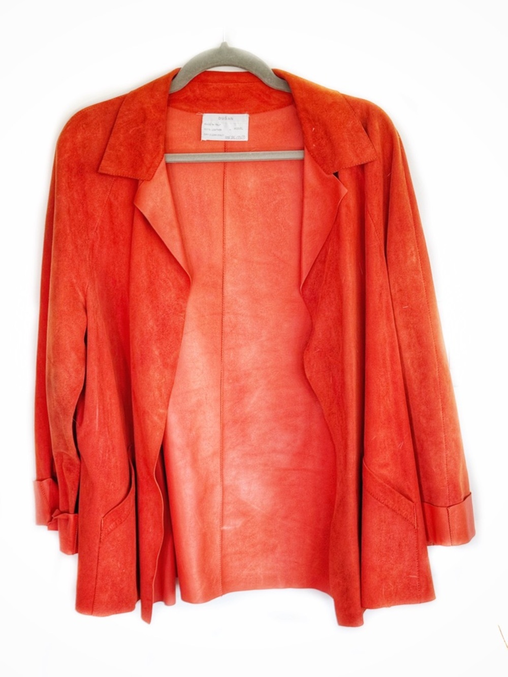 Vintage Orange Unlined Dusan Suede Leather Jacket - Classic Open Front XL